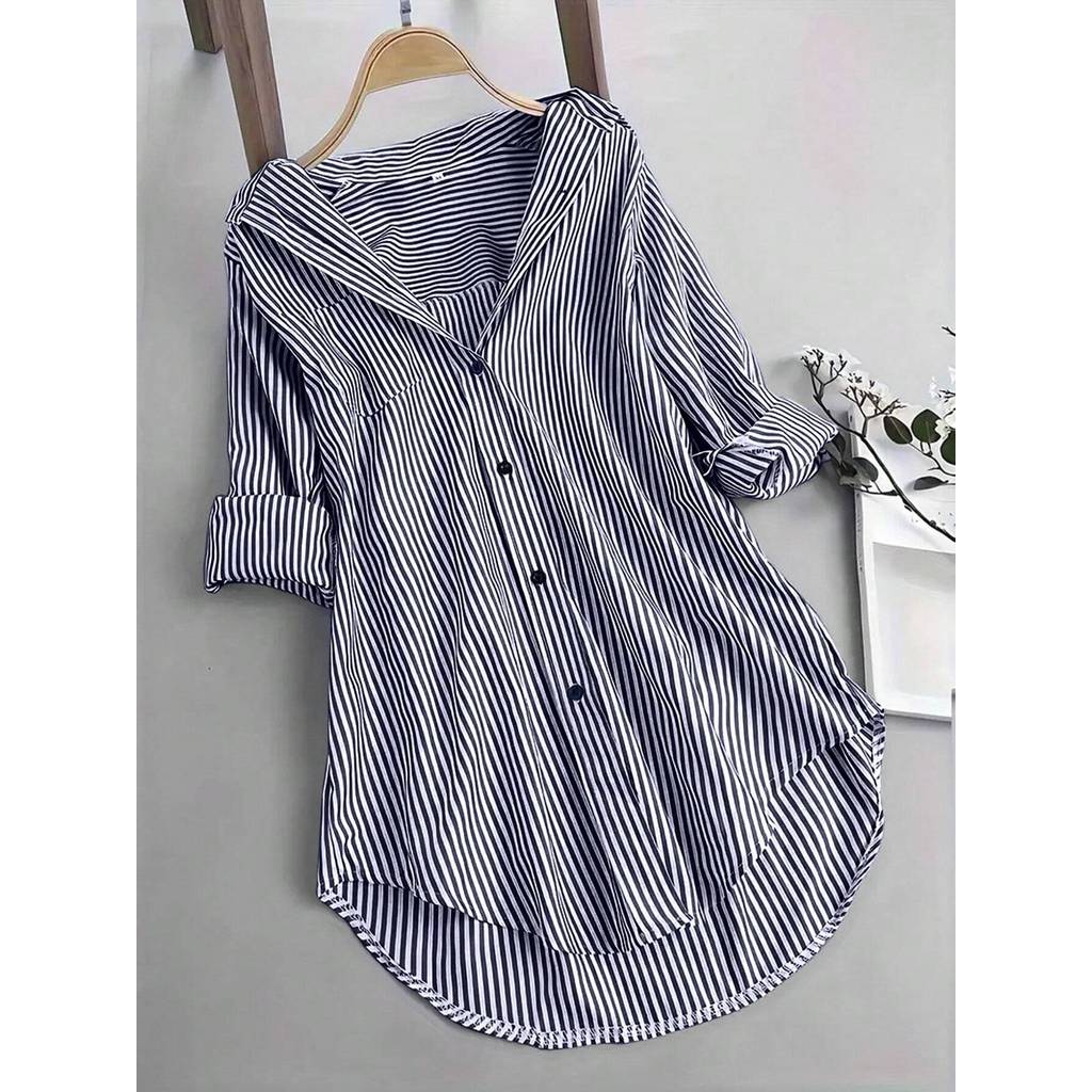 Kemeja Jaket Lengan Panjang Wanita dengan Garis Halus, Longgar, Lurus, Bahu Jatuh, Ringan, Bernapas,