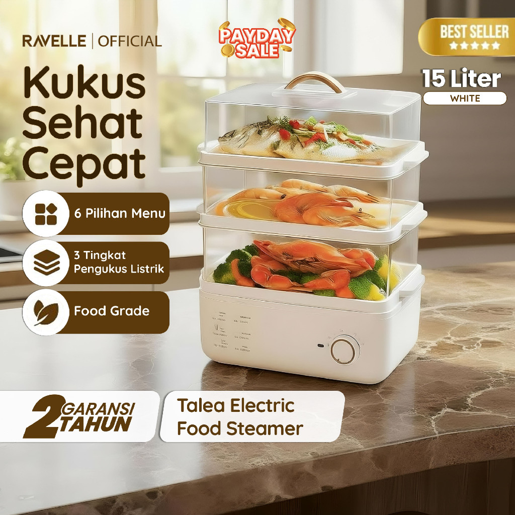 Ravelle - Electric Steamer 15 Liter Kukusan Listrik 3 Susun 800W Food Grade Clear PC Multifungsi