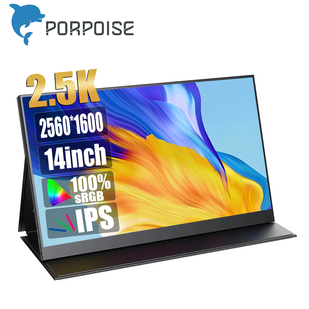 PORPOISE 14'' Portable Monitor 2.5K 1600P IPS USB-C Mini-HDMI External Second Screen for Mac Laptop 