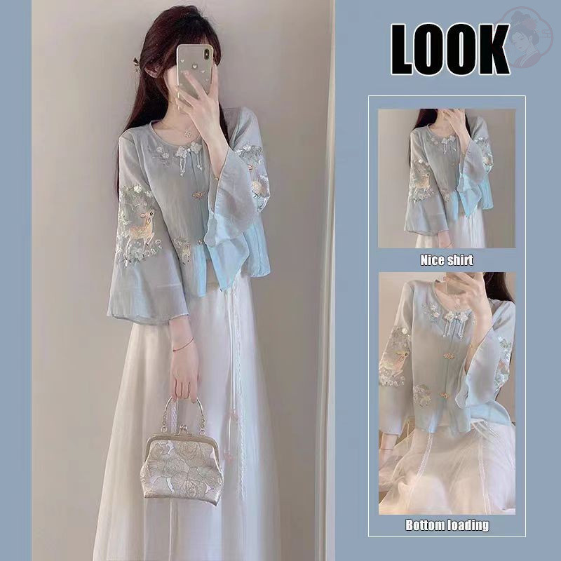 Pakaian Wanita Gaya Cina Baru dengan Bordir Harian, Baju Tang Wanita dengan Kancing, Cocok untuk Mus