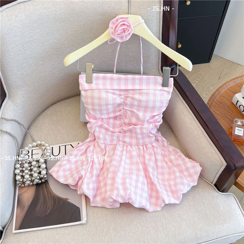 JS.HN - Rompi Tanpa Tali Motif Kotak-kotak Untuk Wanita Dengan Pita Bunga 3D Bagian Dada Berlapis Da