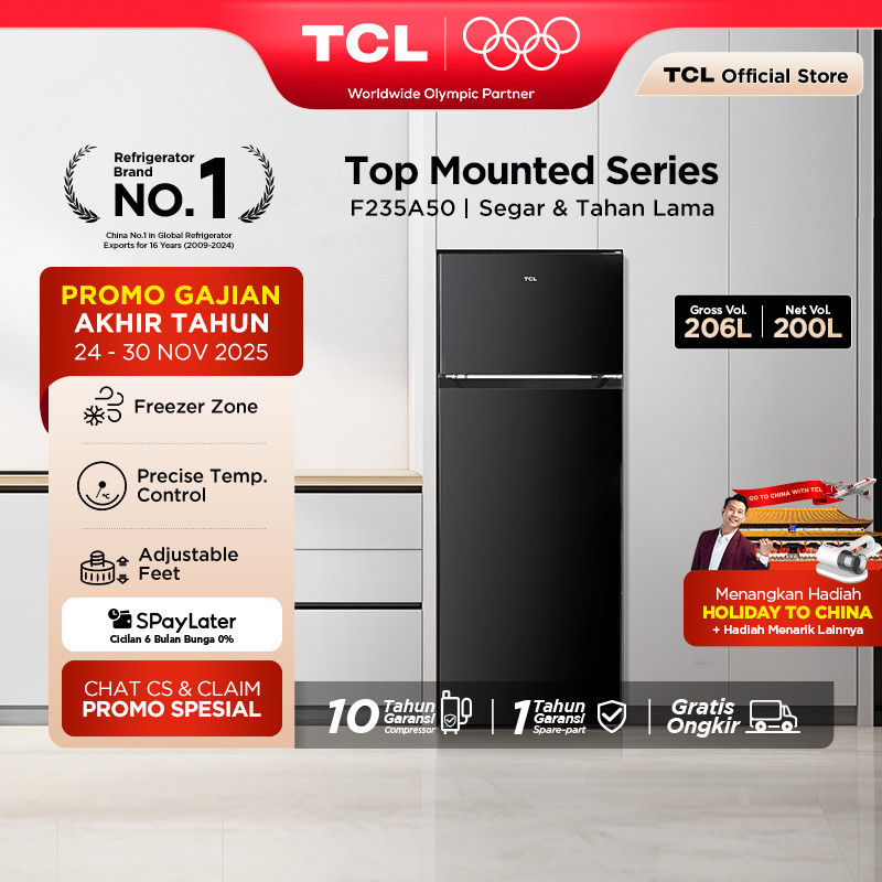 SS [BIGGER CAPACITY] ] TCL Kulkas 2 Pintu (Refrigerator) - Kapasitas 206L - Electronic Control - Adj