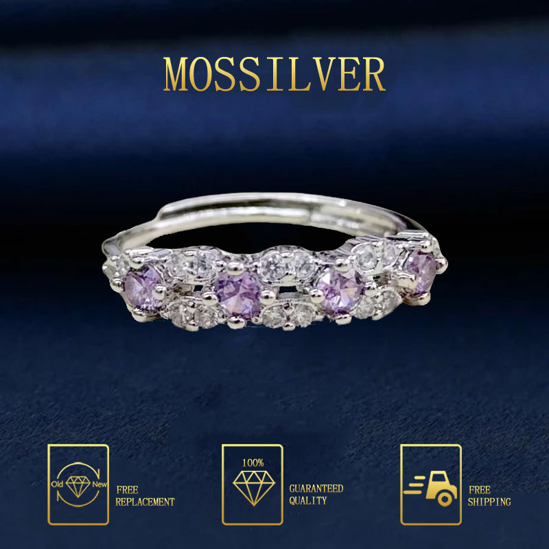 MOSSILVER Cincin Terbuka Batu Permata Amethyst Sederhana Elegan Baru untuk Wanita