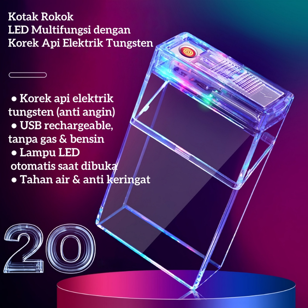 Kotak Rokok LED Transparan dengan Korek Api Elektrik USB Rechargeable  Tungsten Windproof  Tahan Air