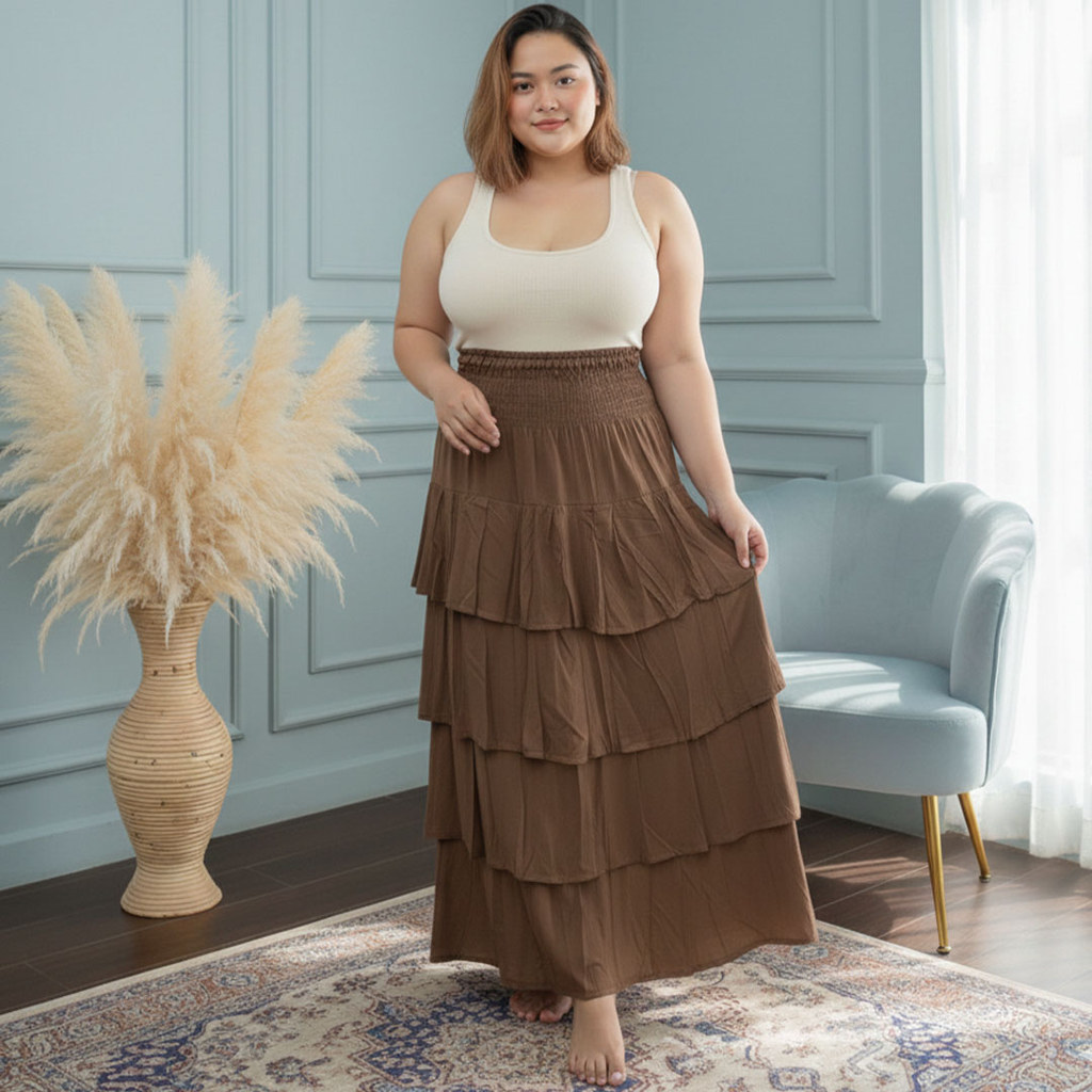 Rok Tumpuk Panjang Ruffle Rayon Karet Elastis Kerut Elegant