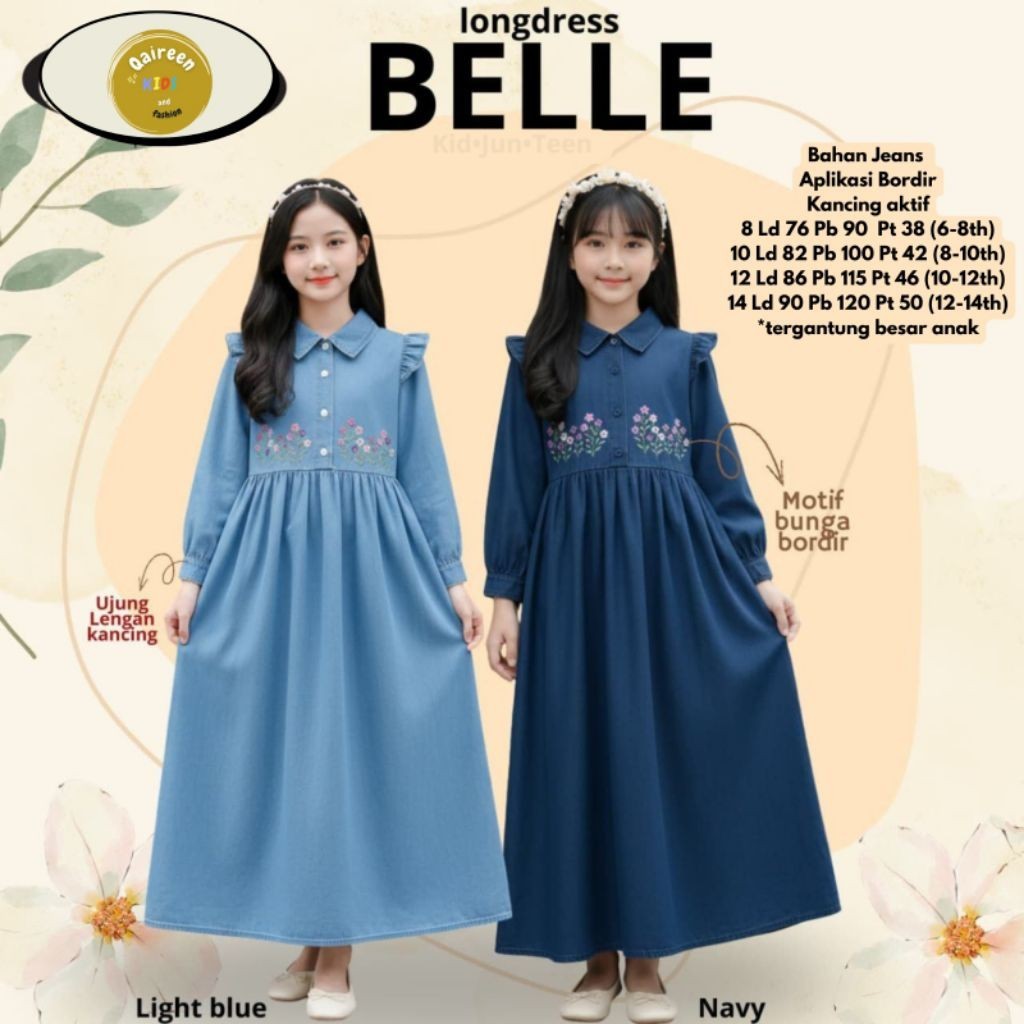 2801    Belle long dress jeans muslim anak perempuan by Qaireen