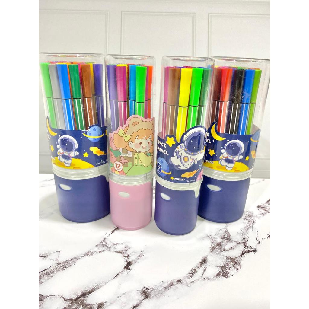 Spidol Warna Warni 1 Set Hexagonal Watercolor Marker Pen 12/24 Warna || 1 Set Spidol Warna Warni