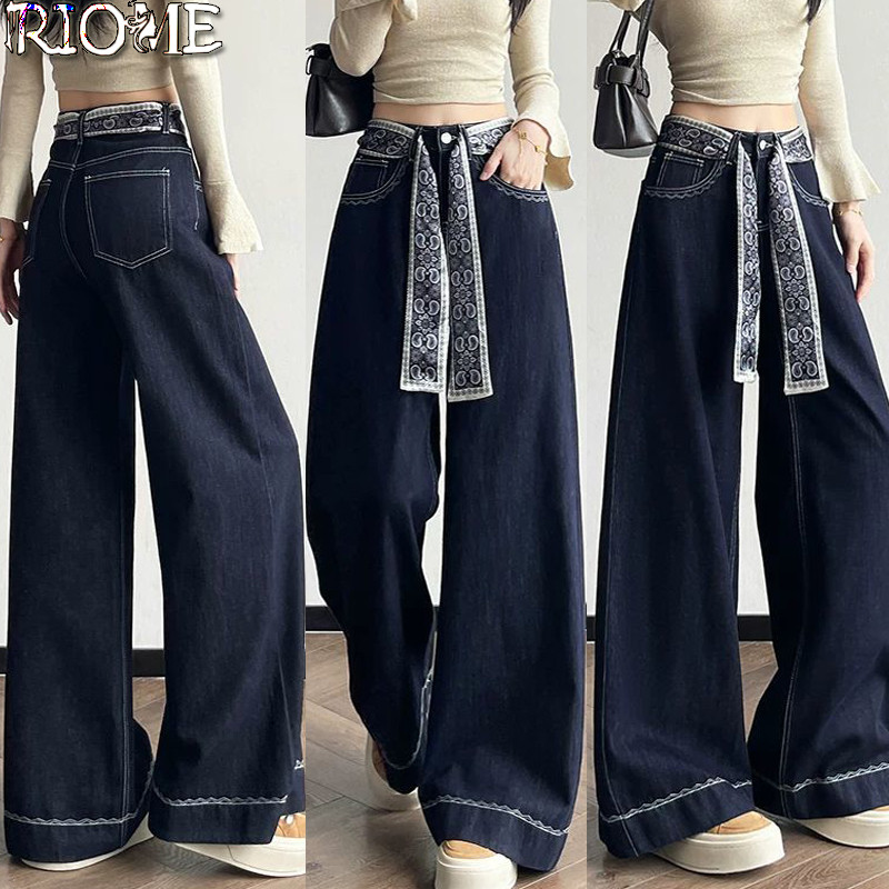 S-6XL Celana jeans denim biru lurus gaya Korea untuk wanita