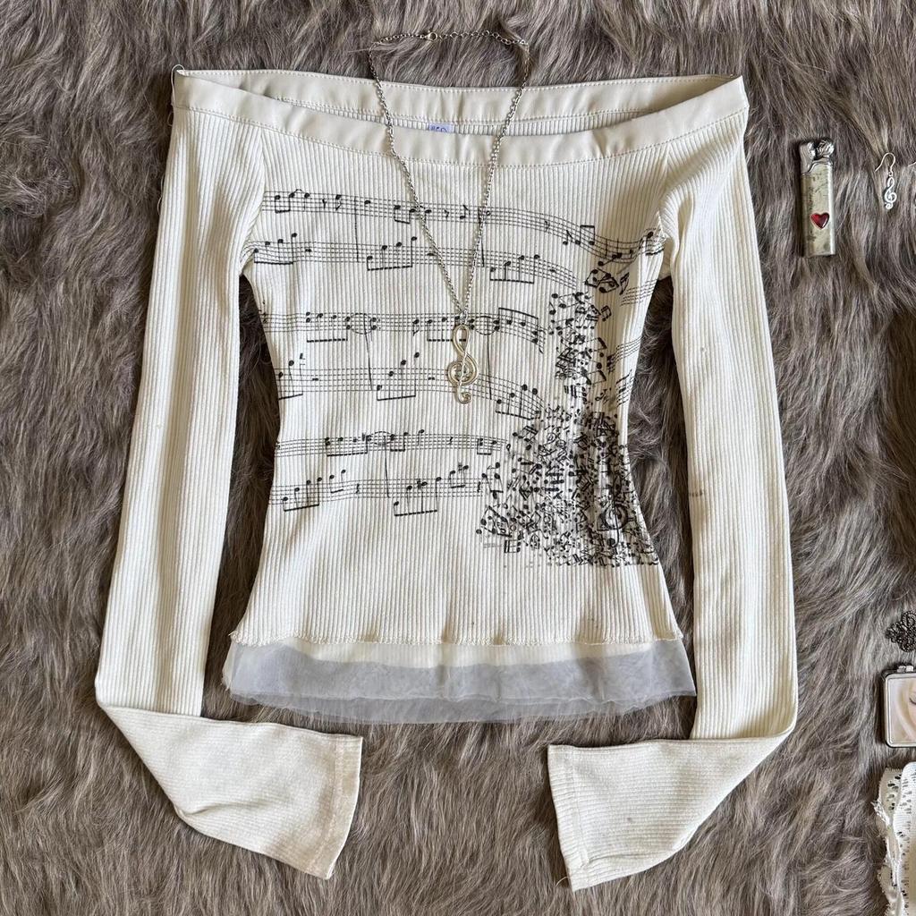 Women Y2K Graphic Long Sleeve Top Off Shoulder Music Score Tee Shirt Aesthetic Fairy Grunge T-Shirt 