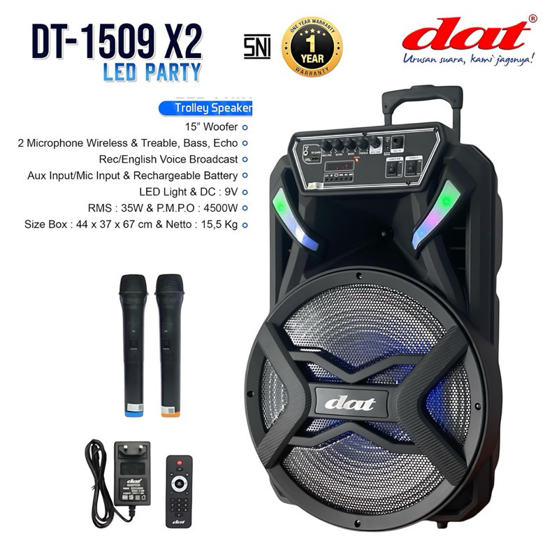 Speaker DAT DT-1509 speaker bluetooth portabel 15inch speaker aktif full bass dilengkapi 2mic wirele