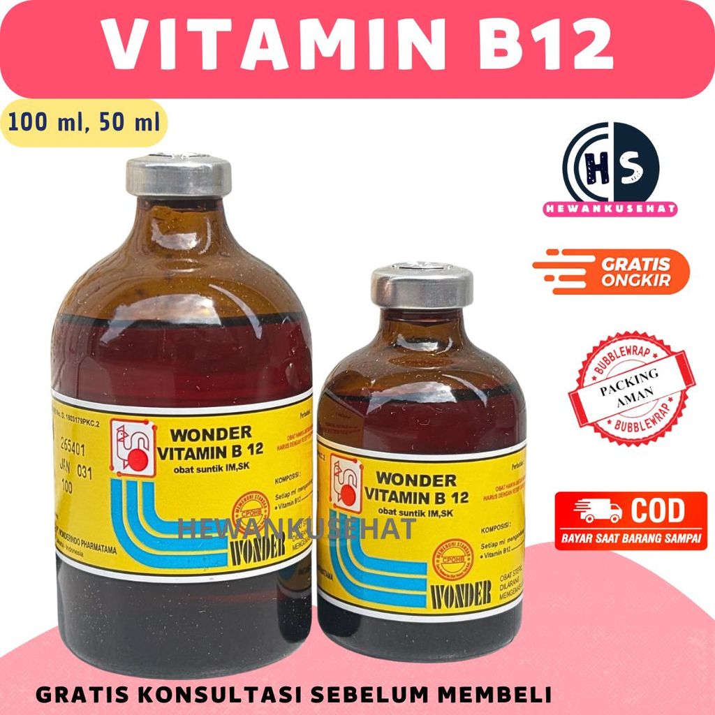 Wonder Vitamin B12 50 ML & 100 ML - Vitamin B12 Anemia & Gangguan Pertumbuhan Hewan Ternak Wonder