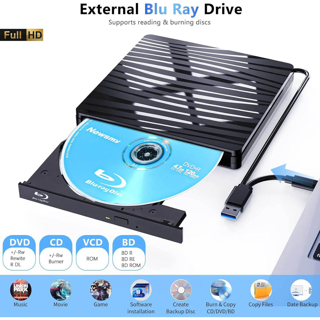 USB3.0 External Blu-ray Optical Drive for Laptop PC Windows 11/10 Mac Portable 3D BD-RW Drive BD DVD