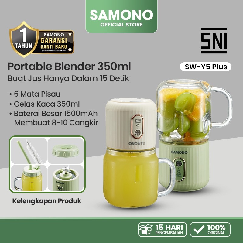 SAMONO Blender Portable Juice Gelas Kaca Tebal 350ml 6 Mata Pisau 1500mAh Blender Buah Smoothies Ble