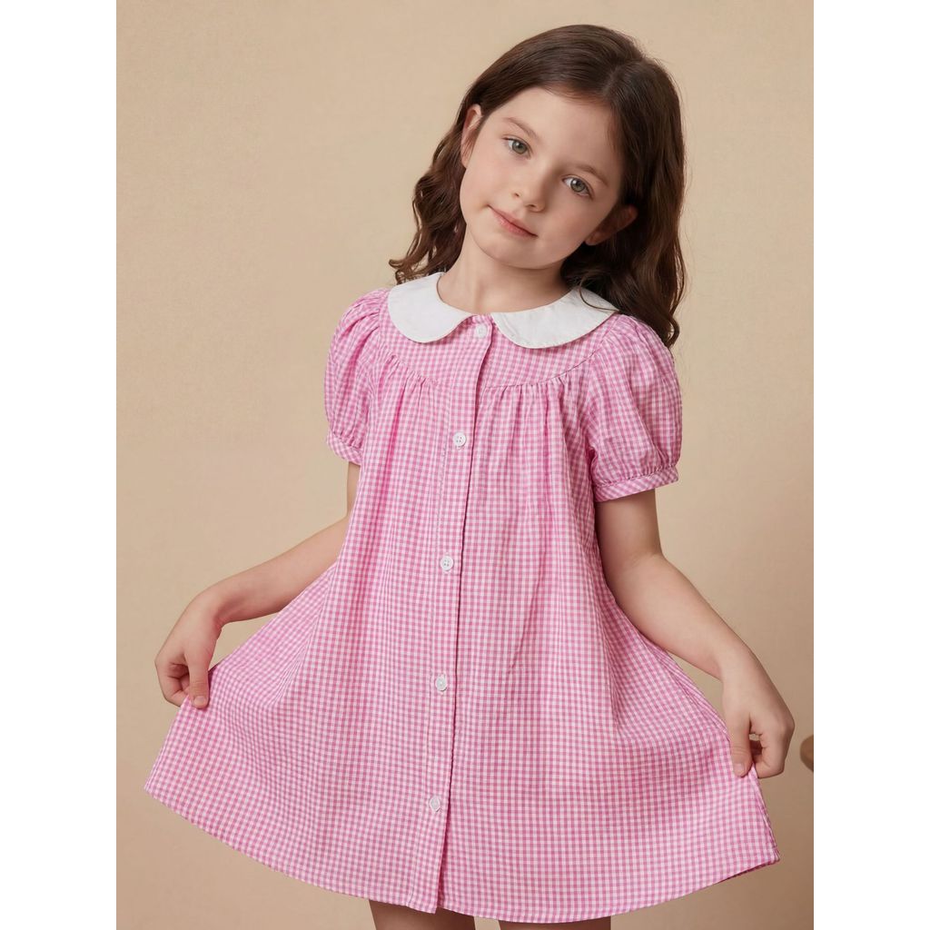 Gaun Anak-Anak Katun Tenun Lengan Pendek Berkerah Motif Kotak-Kotak Gaya Siswi Sekolah