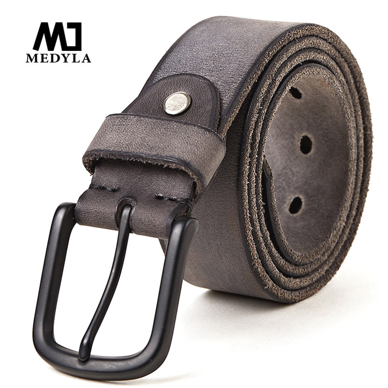 MEDYLA 100% original leather men's belt matte metal pin buckle soft tough leather belt for men witho