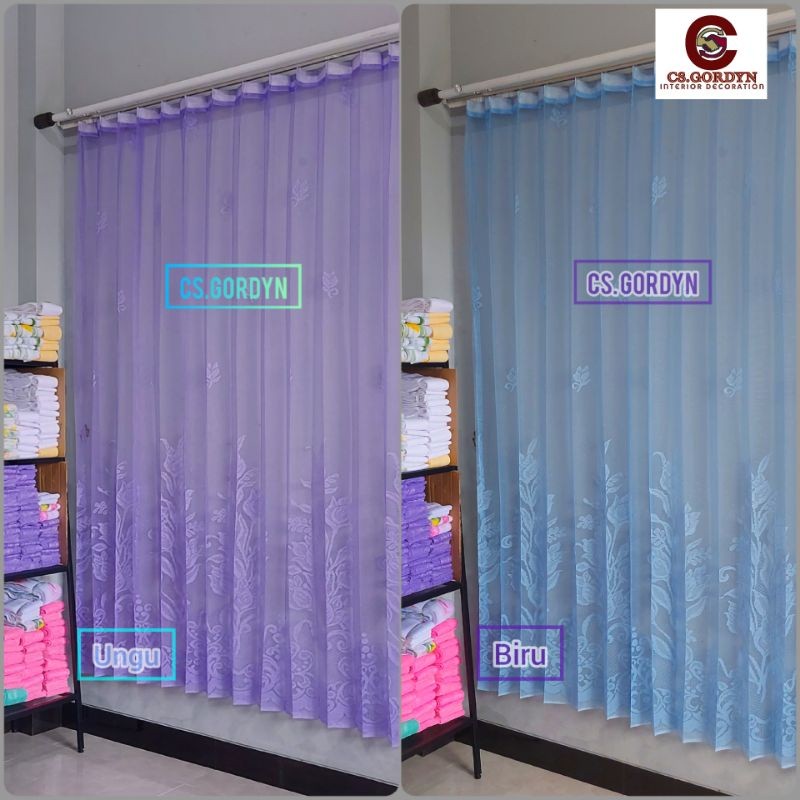 Gorden vitrase polos bunga tulip ungu dan biru tirai siang puring
