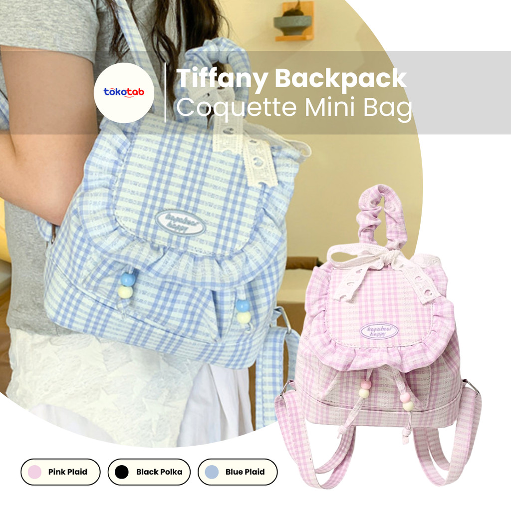 Tokotab - TIFFANY Backpack Tas Ransel Mini Coquette Tas Renda Ransel Kotak-Kotak Korea Lucu Tas Seko