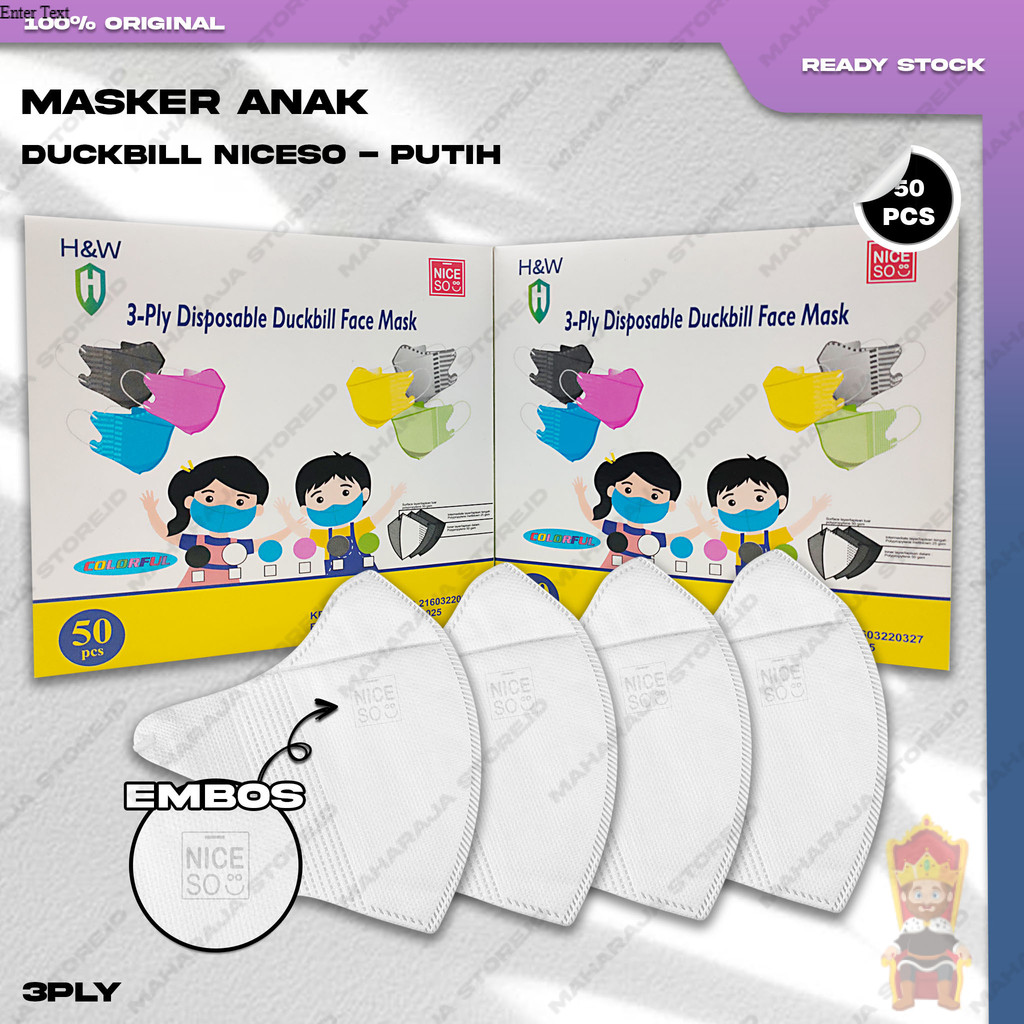 Masker Anak Duckbil NICESO 3Ply isi 50Pcs Warna Putih White Duckbill 3 Ply Earloop Surgical Mask Kem