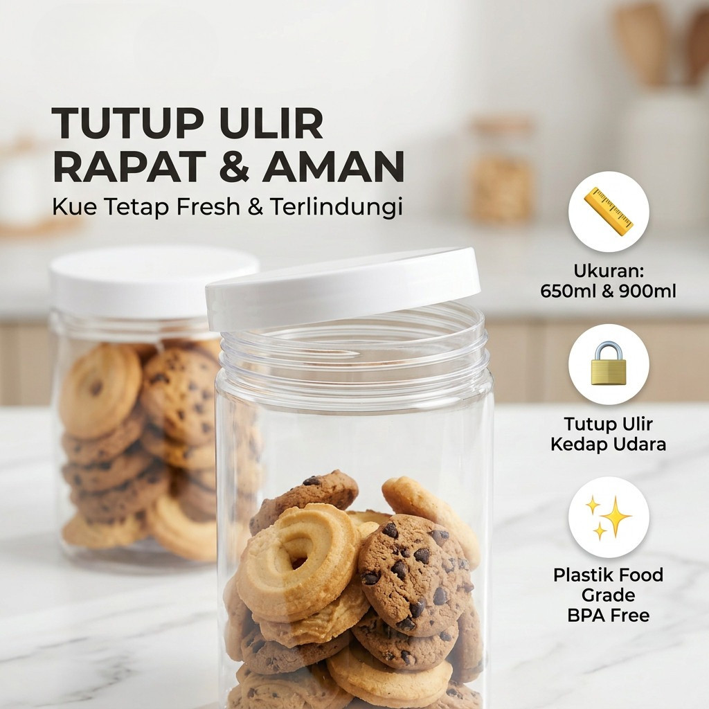 ISI 6 Toples Plastik Kue Kering Lebaran Tabung Bening 650ml 900ml Tutup Ulir Kedap Udara Bakoel