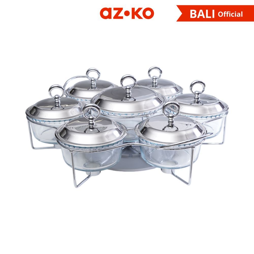 Azko Culinart Set 7 Pcs Nerinko Penghangat Makanan Putar - Silver Food Warmer Penghangat Saji Chafin