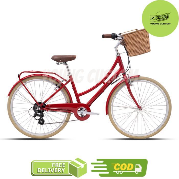 Polygon Sierra Oosten [26 inch] Sepeda Keranjang Rotan Vintage City Bike - Merah