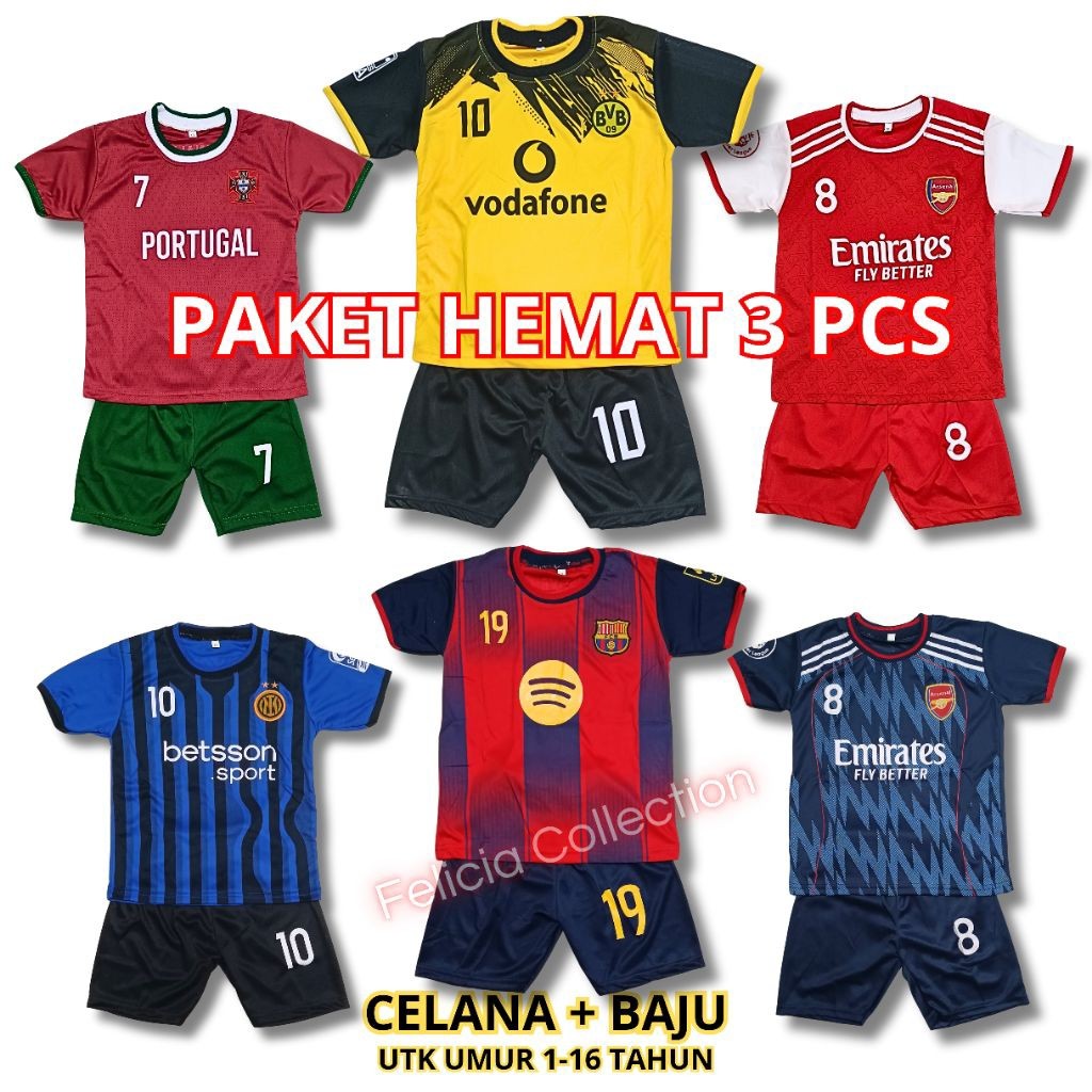 [Paket 3pcs] Jersey Bola Anak 1-16 Tahun Baju Sepak Bola Futsal Murah Premium