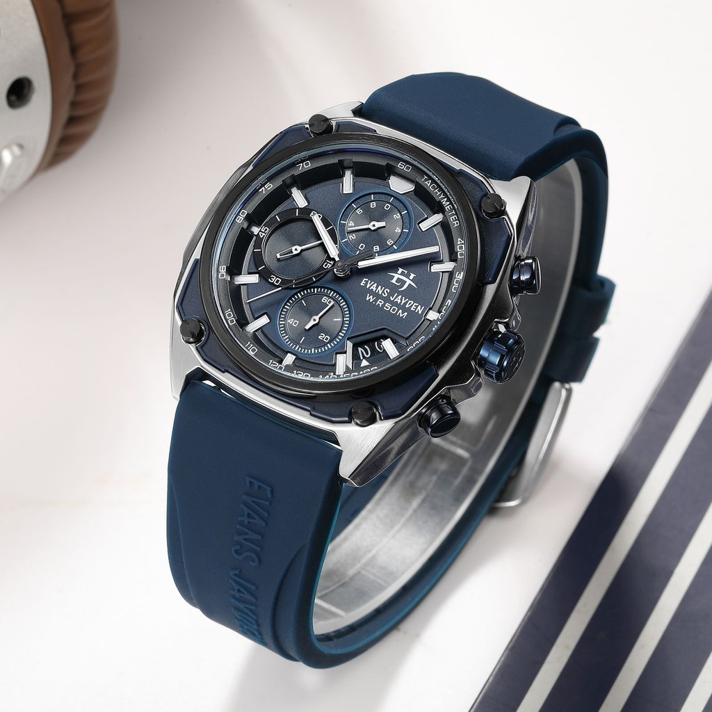 Jam Tangan Pria Evans Jayden 9604 Rubber Kaca Sapphire Chrono Water Resistant 5 ATM