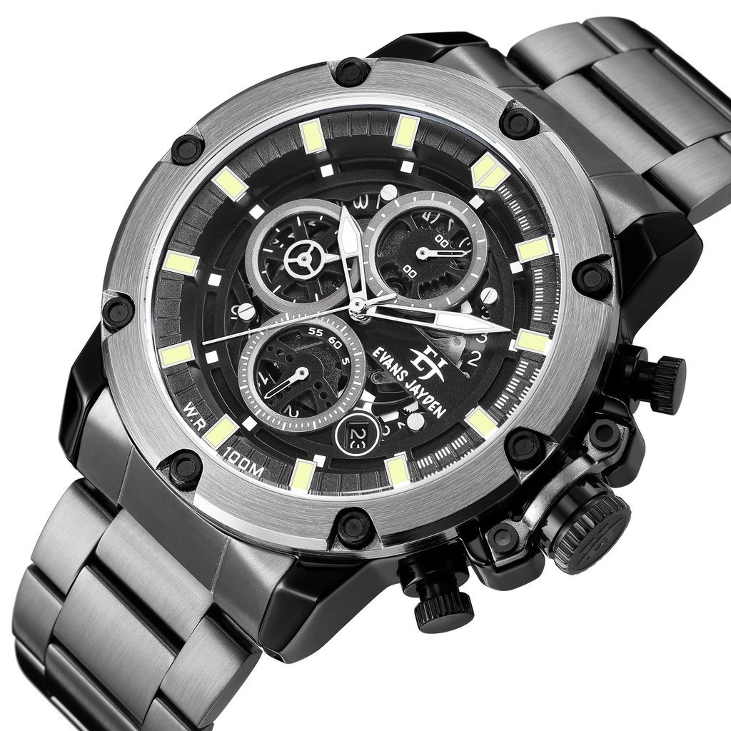 Evans Jayden Jam Tangan Pria 9570 Rantai Stainless Steel Chronograph Kaca Sapphire Water Resistant 1