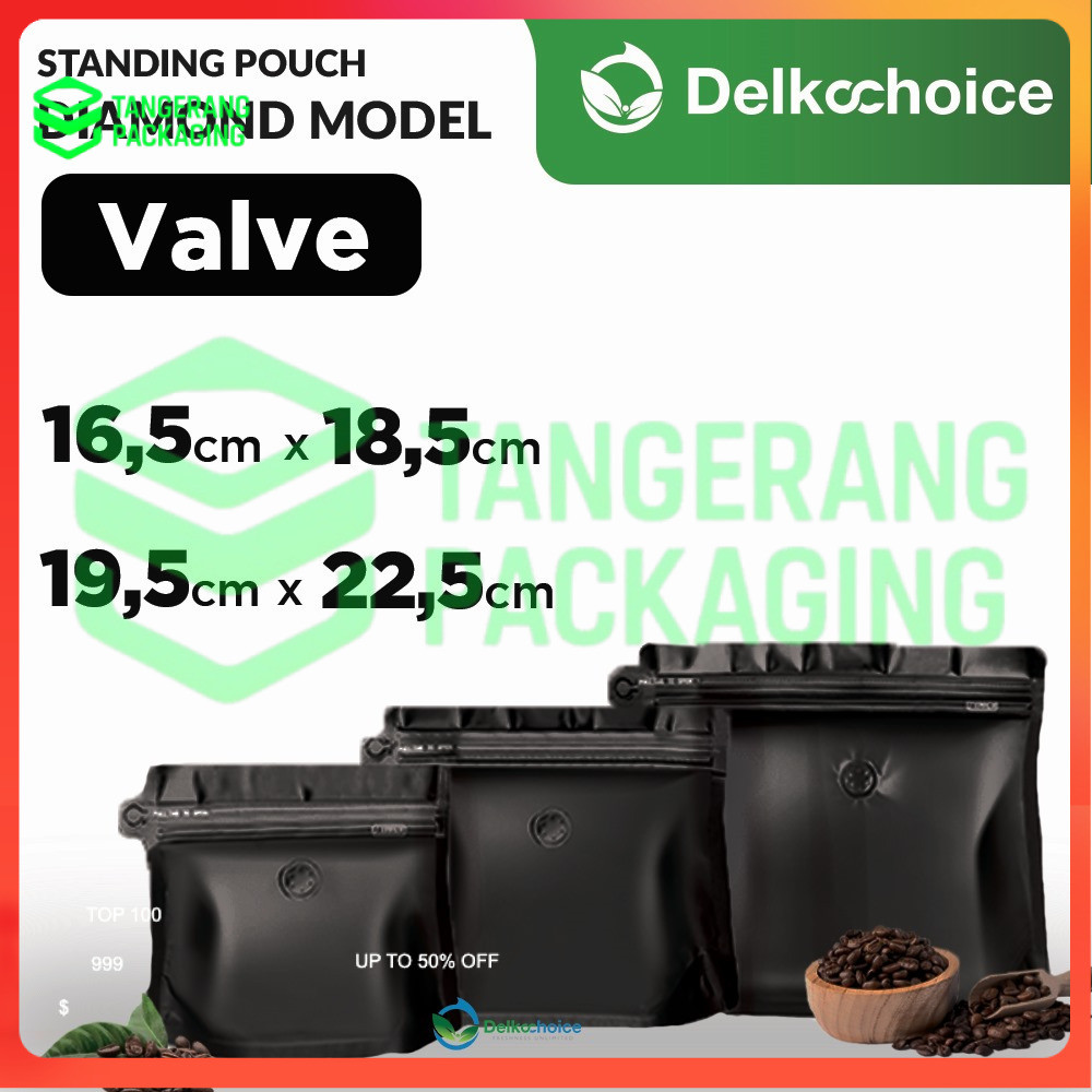 Standing Pouch Premium Diamond Zipper +Valve Kemasan Kopi Delkochoice Black