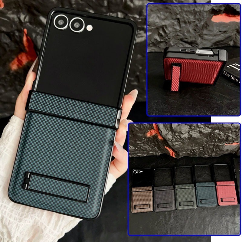 Casing Stand Kulit Serat Karbon Mewah untuk Samsung Galaxy Z Flip 7 Flip 7FE Z Flip 6 Z Flip 5 Z Fli