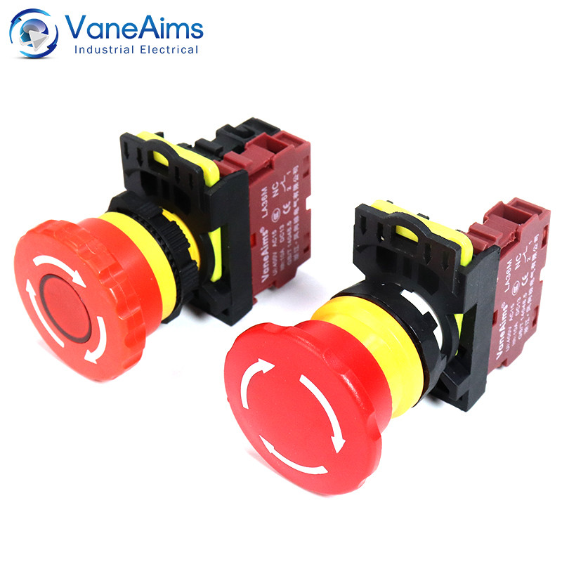 Tombol Stop Darurat LA36M 22mm, Sakelar Tombol Tekan Bentuk Jamur Plastik, On Off dengan Lampu LED M