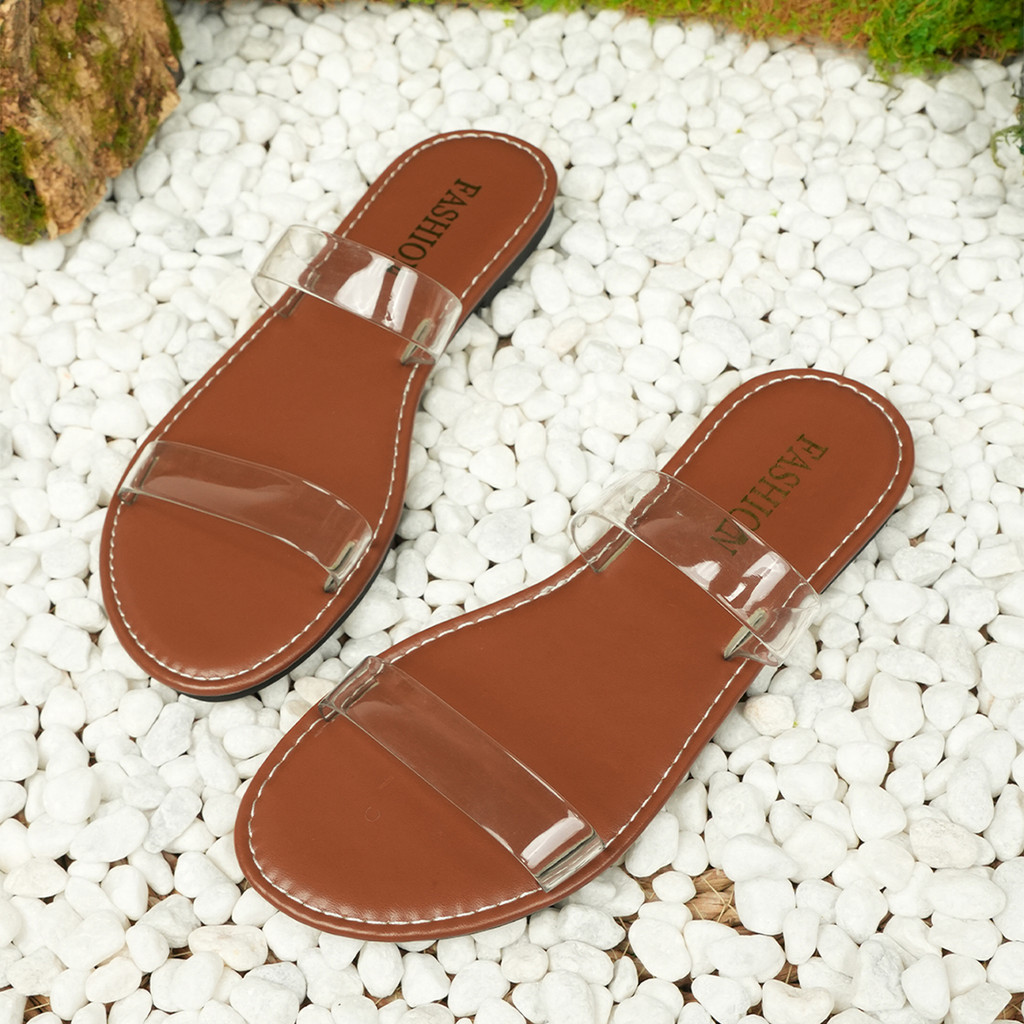 Sandal Selop Wanita Korea Style Cokelat - Sandal Teplek Dua Tali Bening Transparan Empuk Ringan - Im