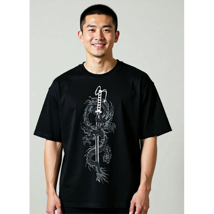 Dragon Wrapped Katana Graphic Oversize Black T-Shirt Oriental Samurai Streetwear Casual Top