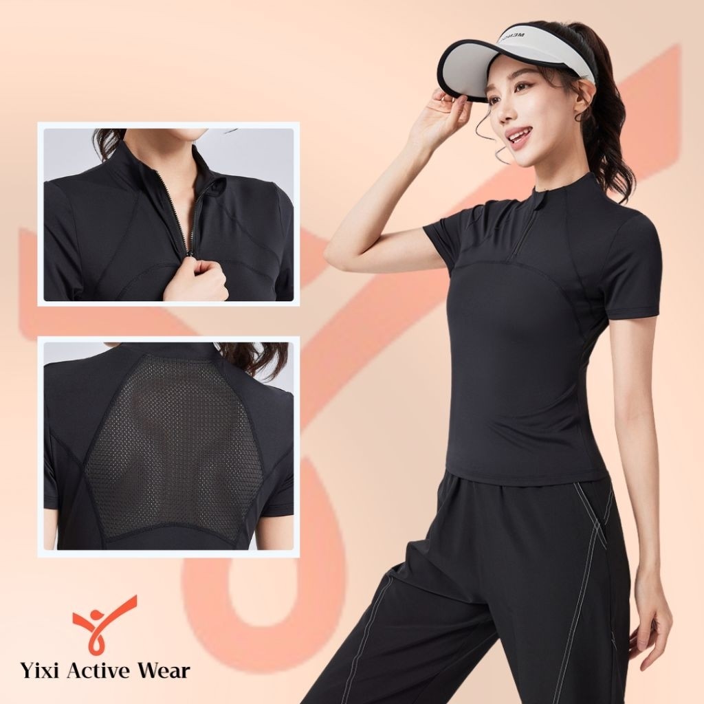 YIXI | Kaos lengan pendek half zipper olahraga
