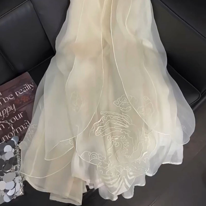 Rok Setengah Bordir Gaya Cina Baru Gaya Peri Lembut Serbaguna Rok Payung Panjang Sedang