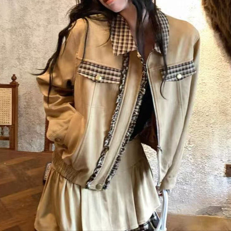 [Cream Winnie] Setelan jaket dan rok suede longgar motif kotak-kotak khaki retro