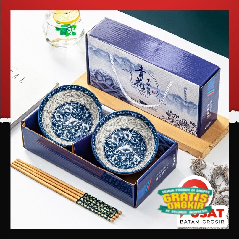 Pusat Batam Grosir - H1149 Set Mangkok Peralatan Makan / Mangkok Keramik 2 in 1 / Mangkuk Nasi / Kot