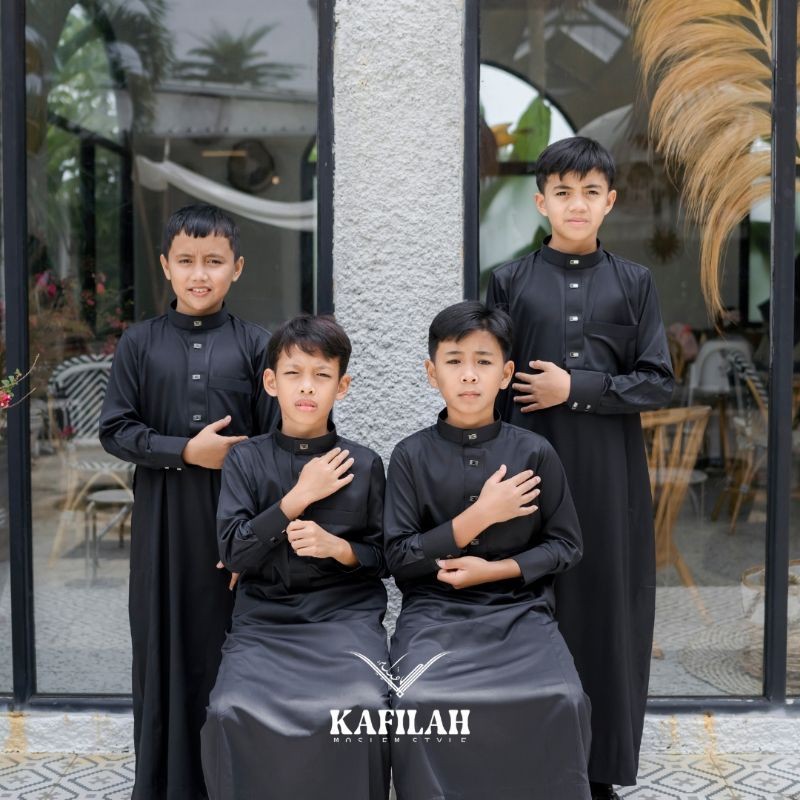 GUNSHOP Jubah anak pria muslim lengan panjang manset polos Gamis anak pria hitam putih kerah tegak m