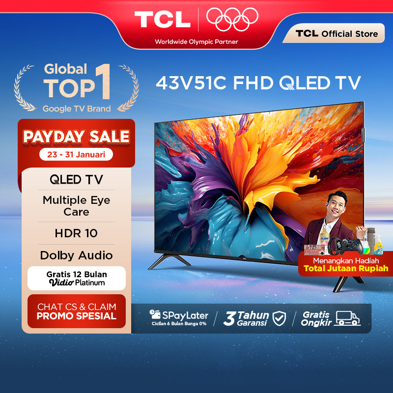 TCL 43 inch V51C - QLED - HDR 10 - Multiple Eye Care - Dolby Audio - Bezel-less (Model: 43V51C)