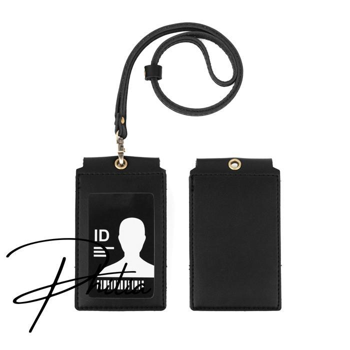 NAME TAG HOLDER KULIT CUSTOM / ID CARD KULIT CUSTOM / LANYARD CUSTOM - Hitam, POLOS