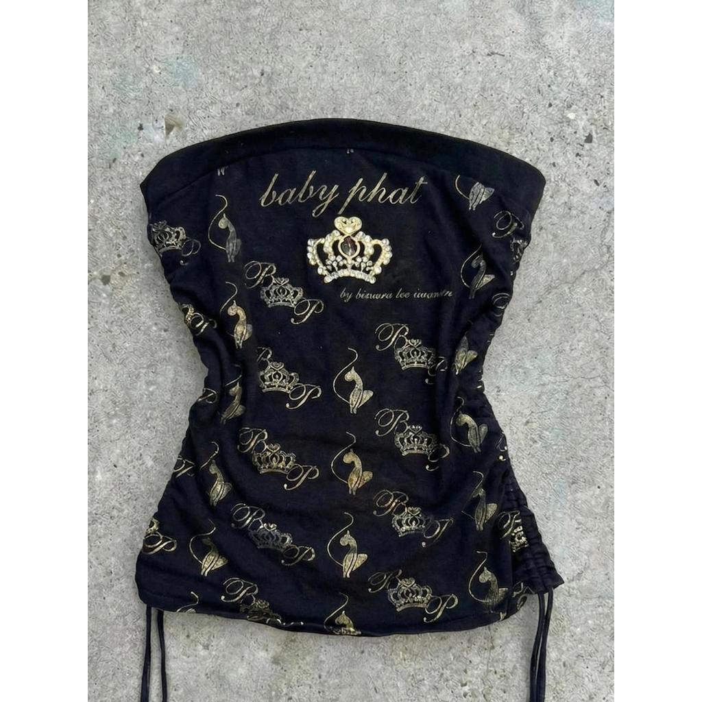 American Y2K Millennium Spice Girl style latar belakang hitam gilt Baby Phat tube top crown print se
