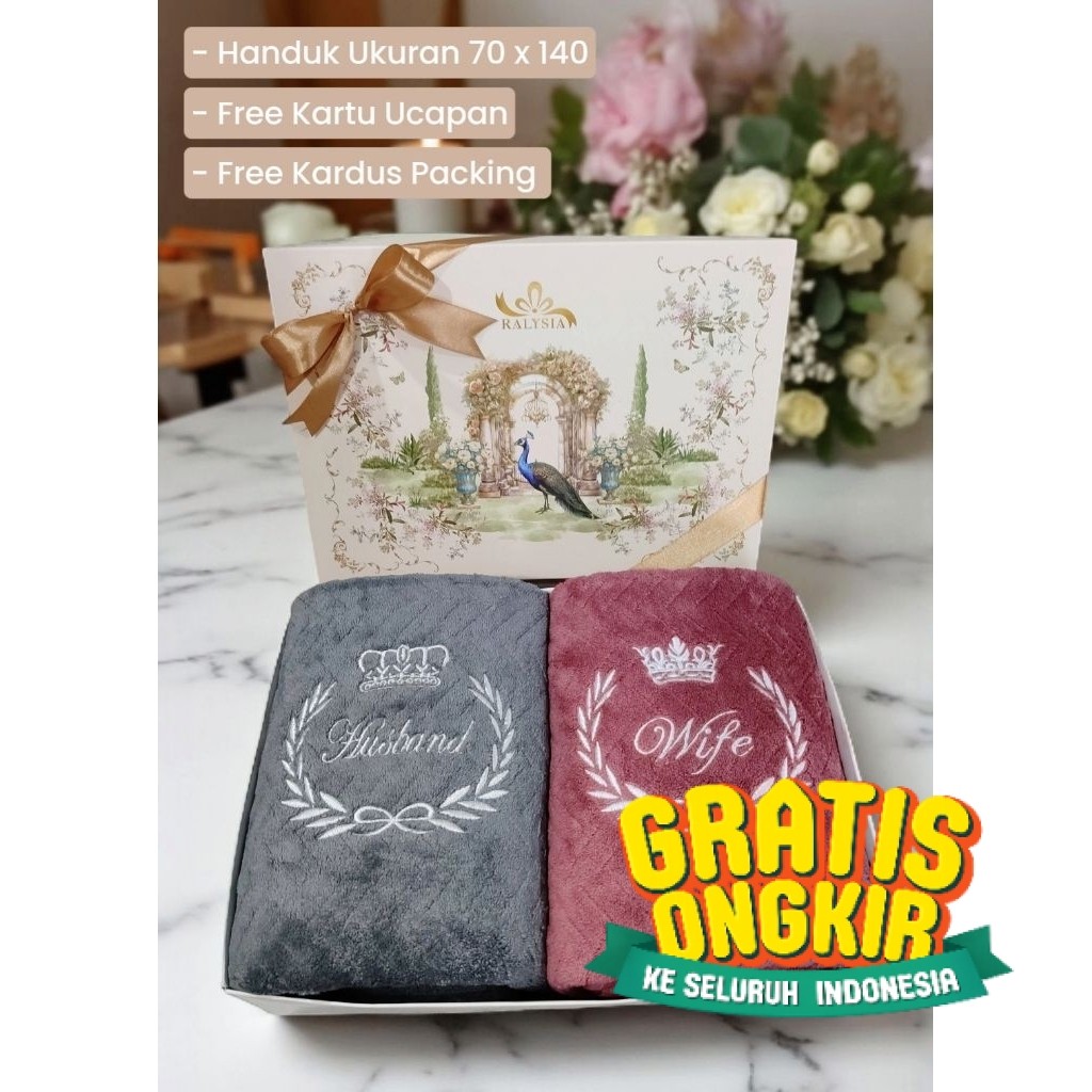 Hampers Handuk Couple Wedding Box | Handuk Label & Bordir Husband Wife (HW) | Hampers Handuk Pernika