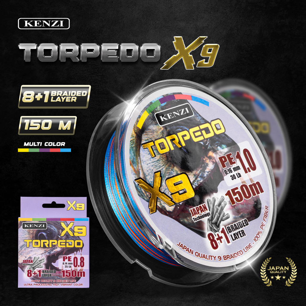 PE KENZI TORPEDO X9 150m Multicolor 8+1 Braid Line Super Kuat Halus Tahan Tarikan Japan Technology