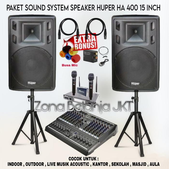 Paket Sound System Indoor Outdoor Live Musik Speaker Huper HA 400 15 Inch Mixer 12 Channel Garansi O