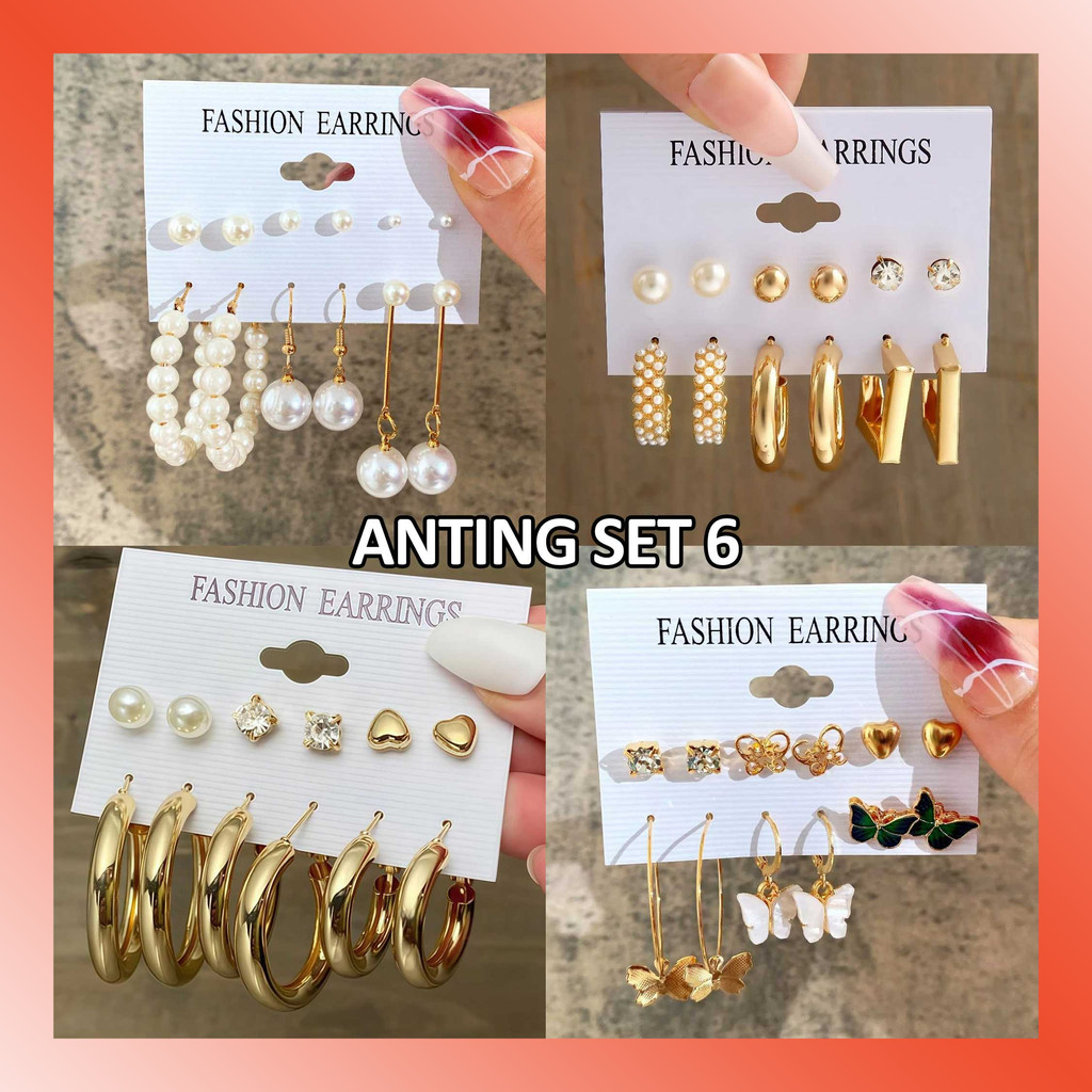 LAMMORO > AC23 Anting Set 6 Hoop Warna Emas Perak Silver Mutiara Aksesoris Perhiasan Alloy Gold Eleg