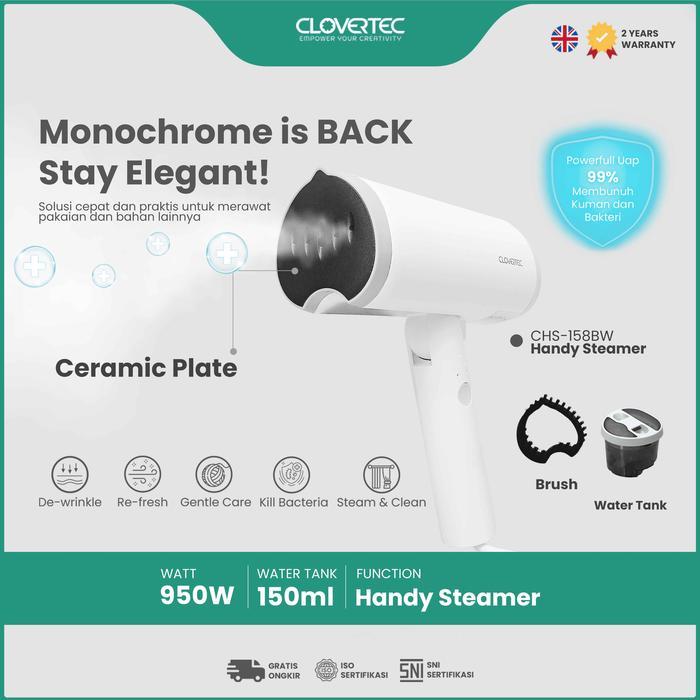 CLOVERTEC Setrika Uap Handheld Garment Steamer Foldable Tangki Air 150ml 950W CHS-158 - Bright White