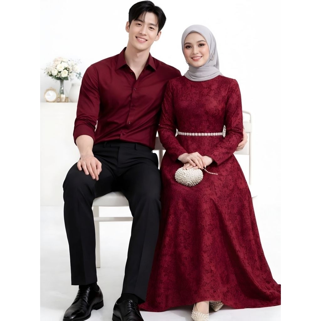 Yundya Baju Gamis Brukat+Kemeja Polos Basic Lengan Panjang Sepasang Baju Pesta Mewah Brukat Manik Te