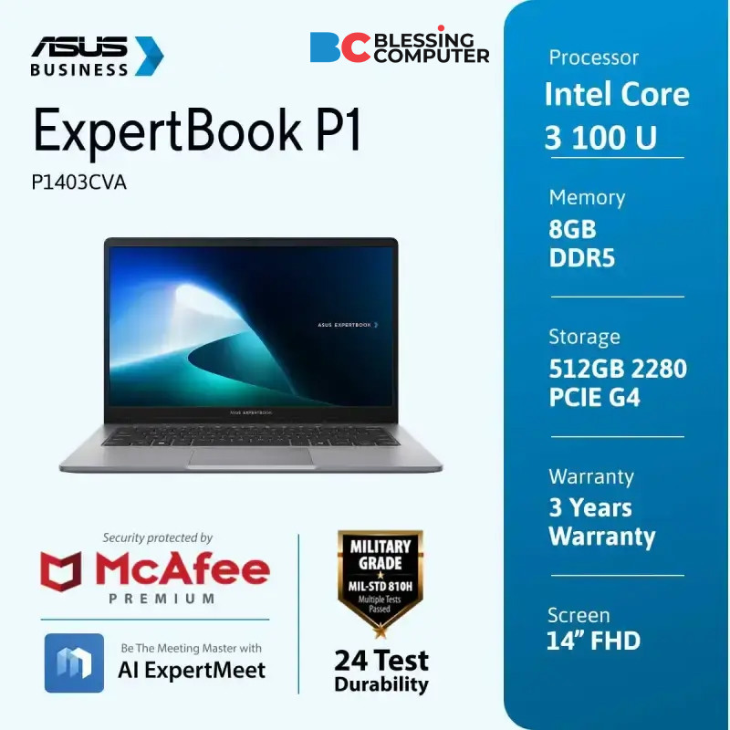 ASUS ExpertBook P1 P1403CVA S63852WS Core 3 100U 8GB 512GB W11 OHS M365 Misty Grey
