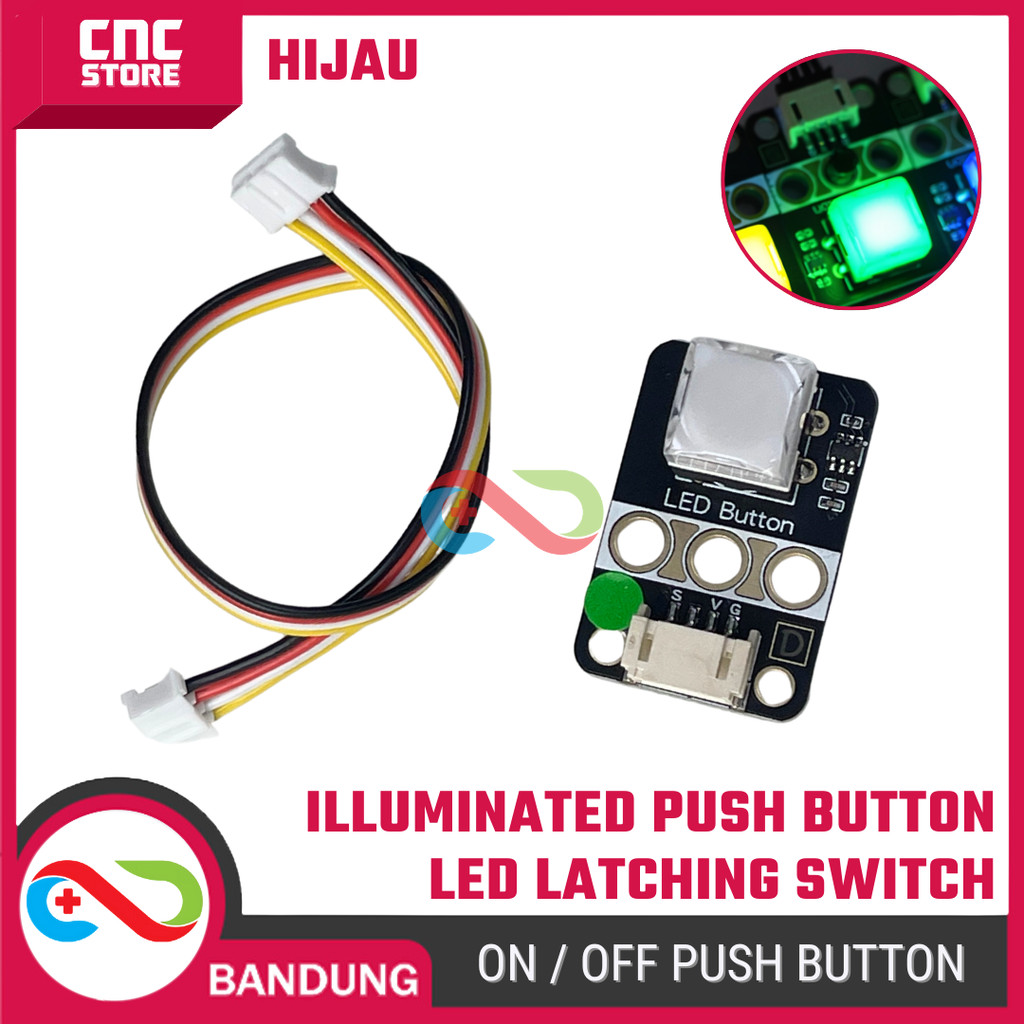 Illuminated Push Button LED Latching Hijau – Modul Tombol Lampu ON/OFF Touch Switch