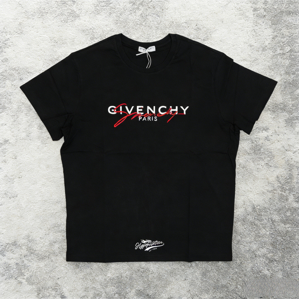 COD Givenchy White/Red Semi Embroidered Signature Logo Black Tee ORIGINAL T-shirt Pria